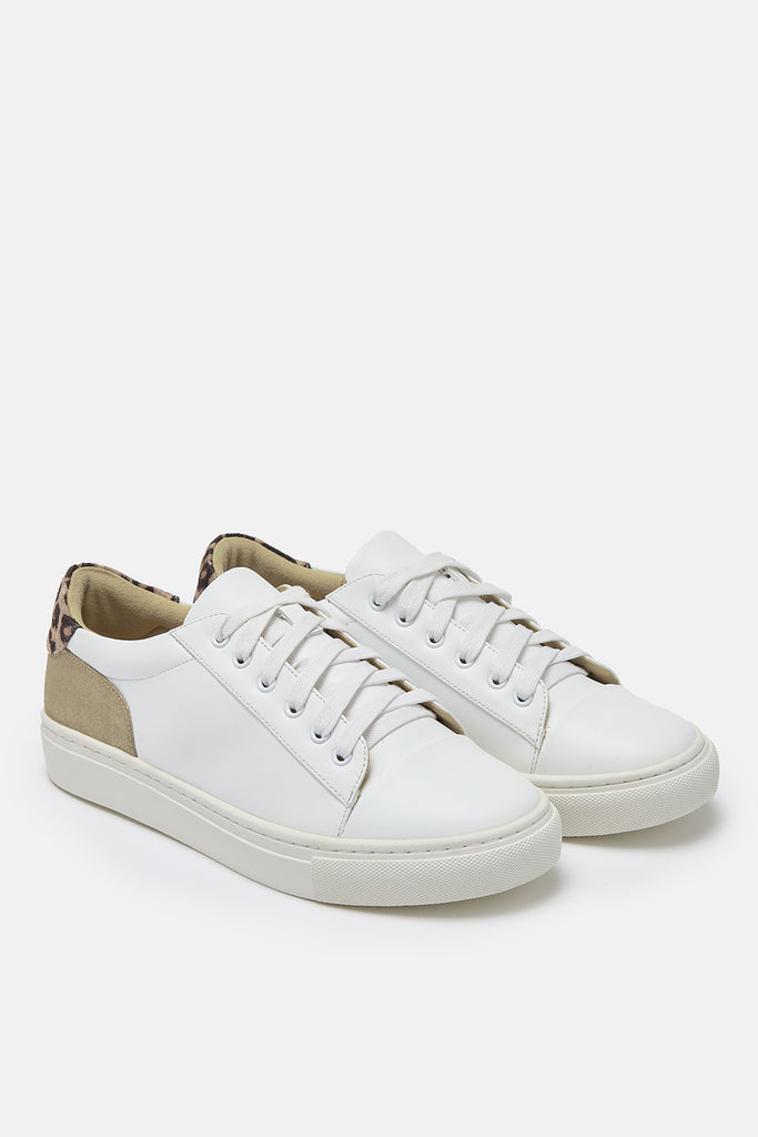 Pair of white vegan leather trainers with gold and leopard heel detail