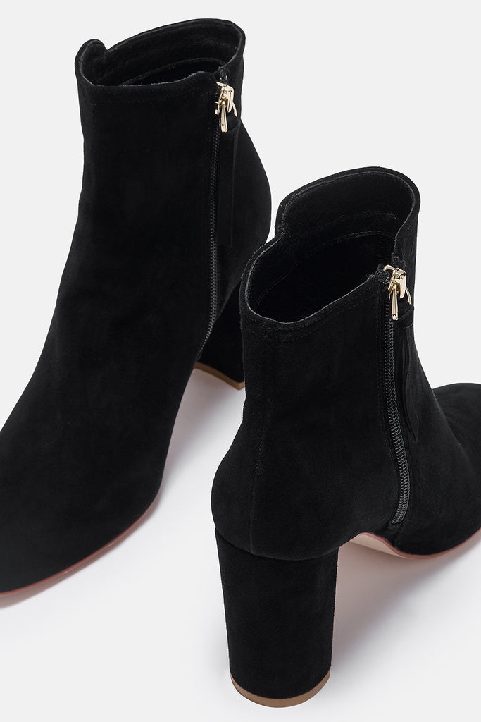 Black suede ankle boots with gold zippers on a white background