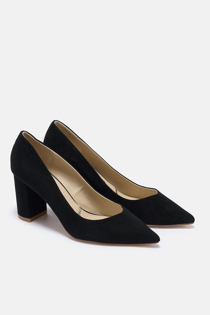 Pair of black high-heeled shoes on a white background