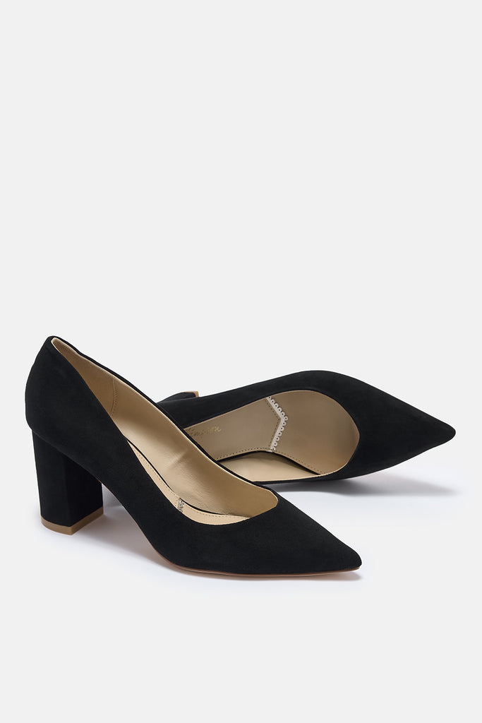 Black high-heeled shoes on a white background