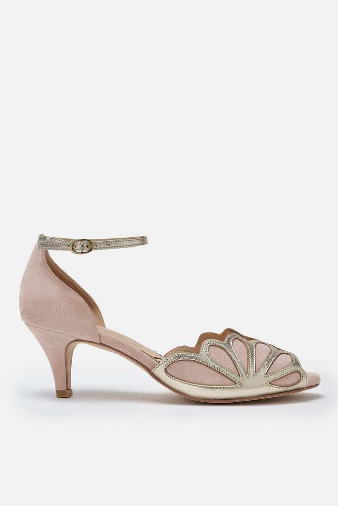 blush pink suede and gold art deco vintage style shoes, with low heel and ankle strap- side view