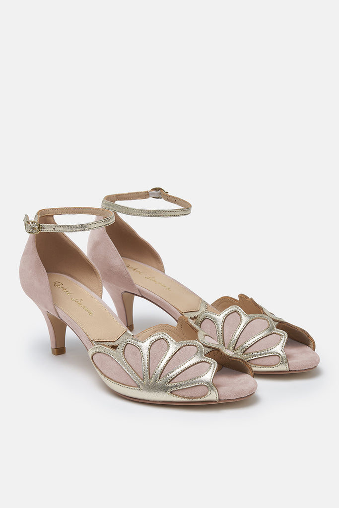 pair of blush pink suede and gold art deco vintage style shoes, with low heels and ankle strap