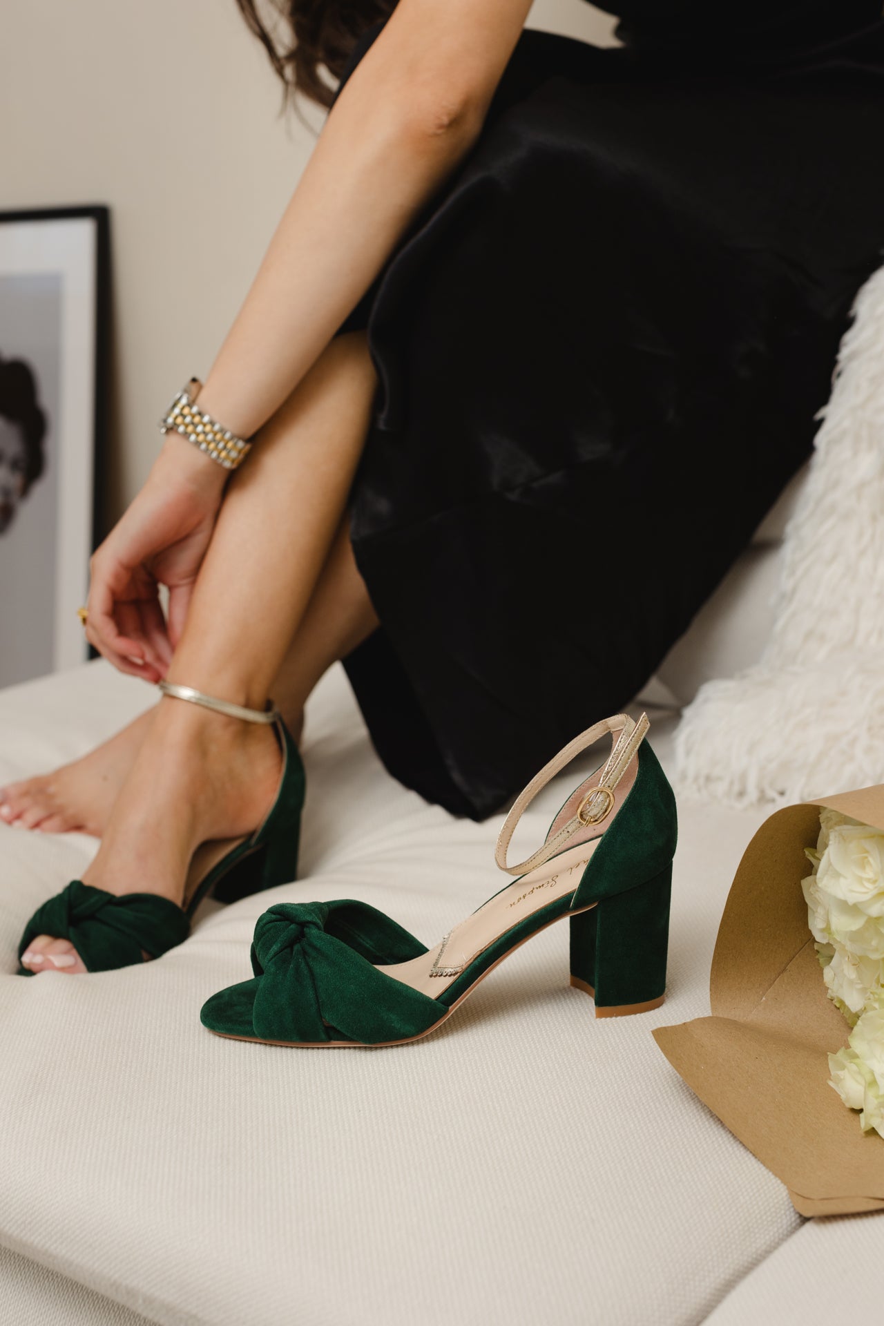 Minnie Forest Green Comfortable Suede Knot Block Heel Shoes