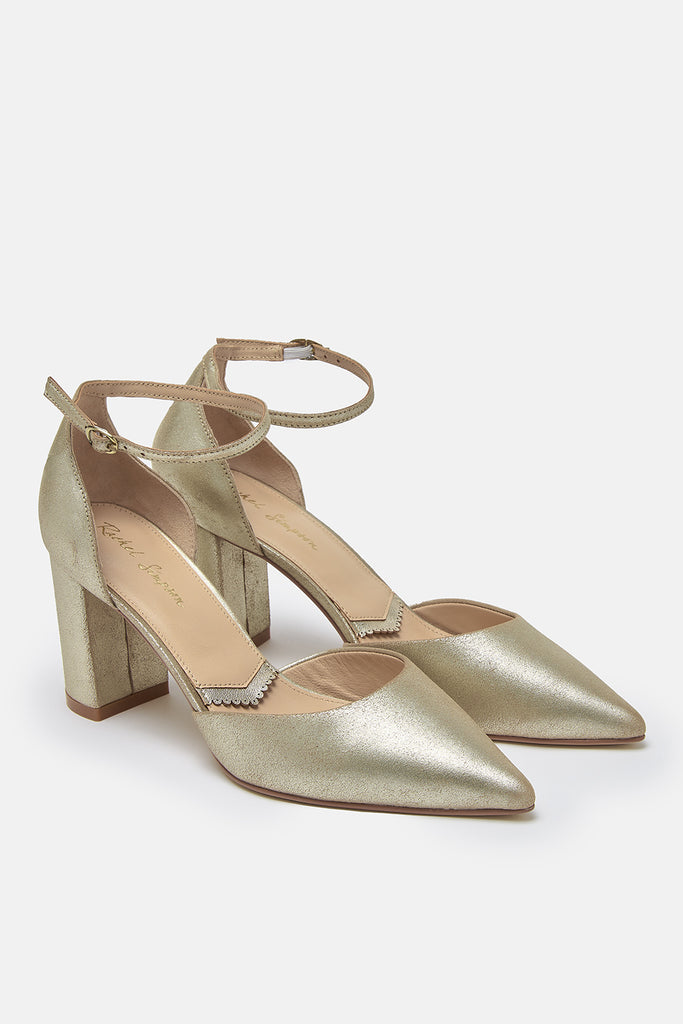 pair of antique gold leather two part pointed occasion shoes with block heels and ankle straps